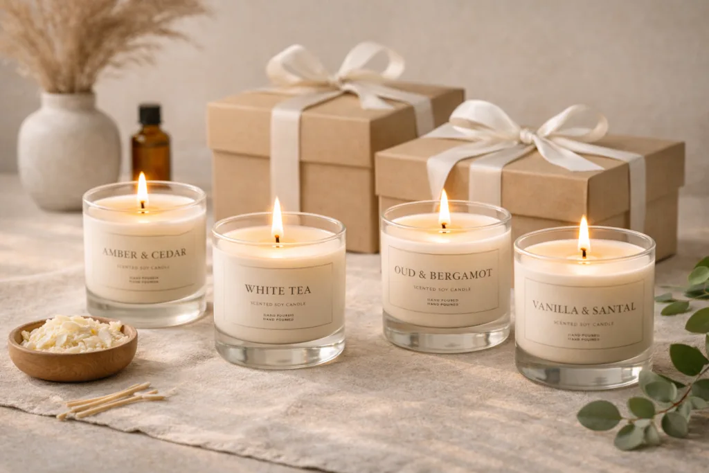 Gel or Wax Candles: 17 Expert Insights to Choose the Perfect Candle Type for Your Brand 4 Luxury wax candle collection with elegant packaging designed for premium gifting