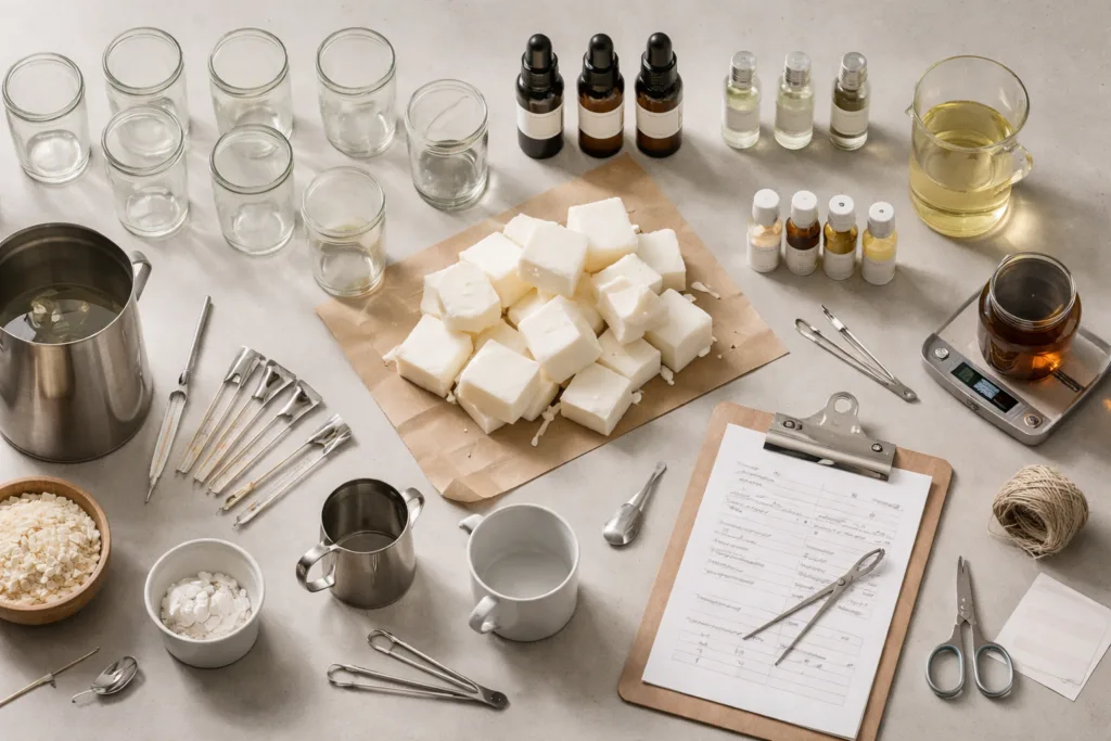 Small-batch candle production setup illustrating the balance between customization and factory