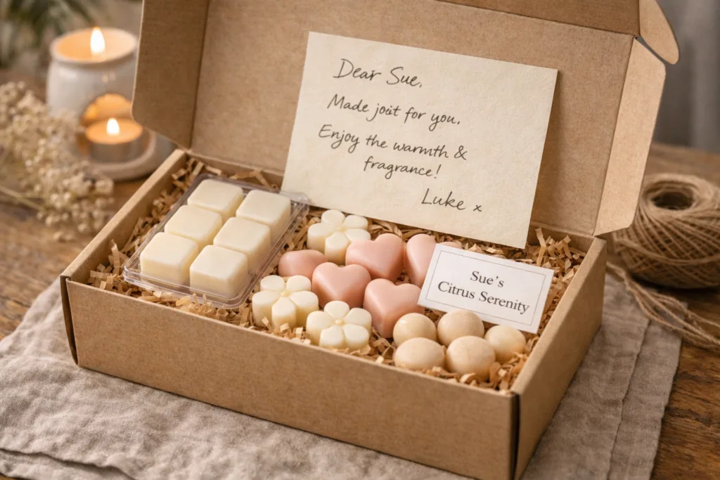 How to Build a Perfect Wax Melts Gift Box (Step-by-Step) 5 personalized wax melts gift box with handwritten note and custom label