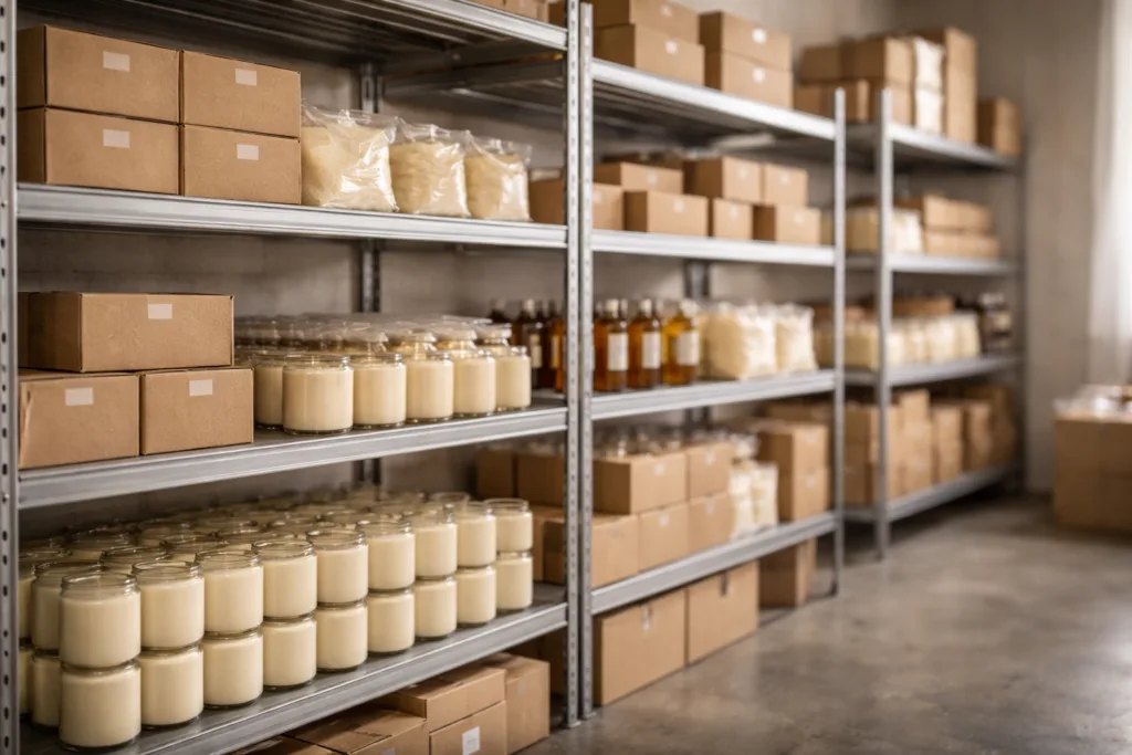 Which Candle Supplier Is Reliable? 9 Things Wholesale Buyers Must Check Before Choosing 5 A calm warehouse or production storage scene with neatly arranged candle products, symbolizing predictability and trust in a reliable candle supply chain.