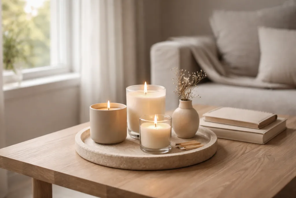 How Personal Candle Brands Can Take Inspiration from Luxury Candle Brands — Without Losing Their Own Voice 1 Quiet luxury scented candles styled in a minimalist home interior for personal candle brand inspiration