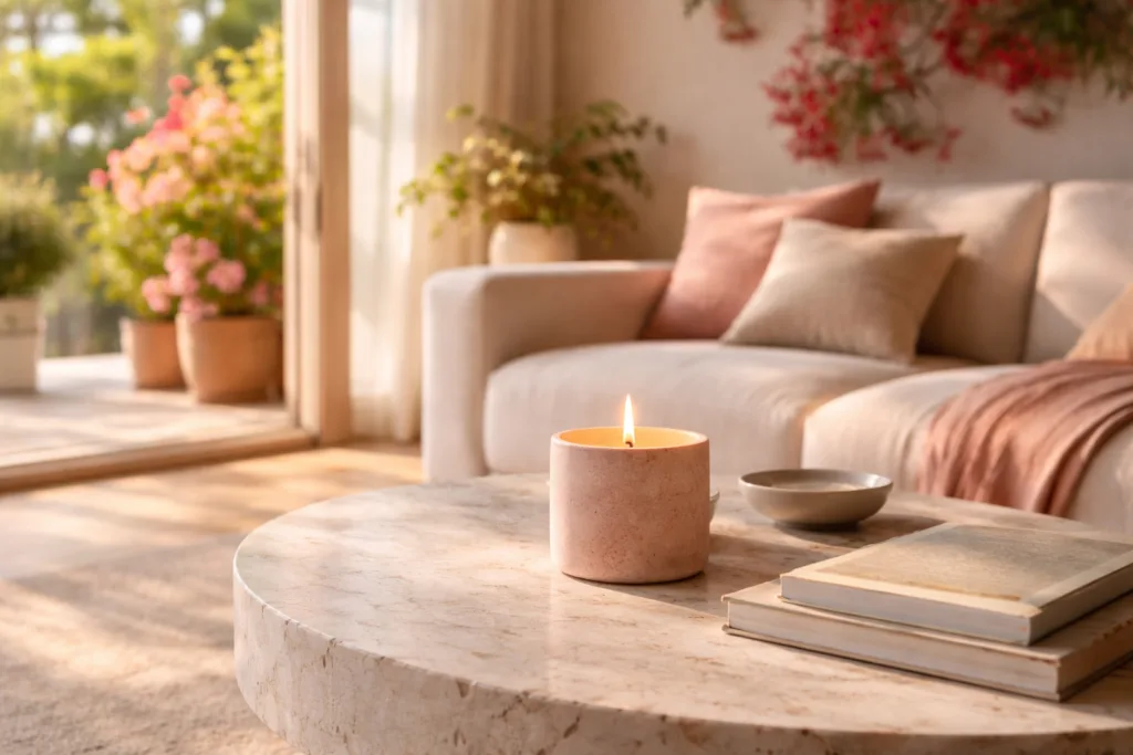 Top Candle Choices for Interior Designers Building Quiet Luxury Interiors 1 A quiet luxury living room with a single candle on a travertine coffee table, soft natural light, neutral tones, and a calm, minimalist interior atmosphere.