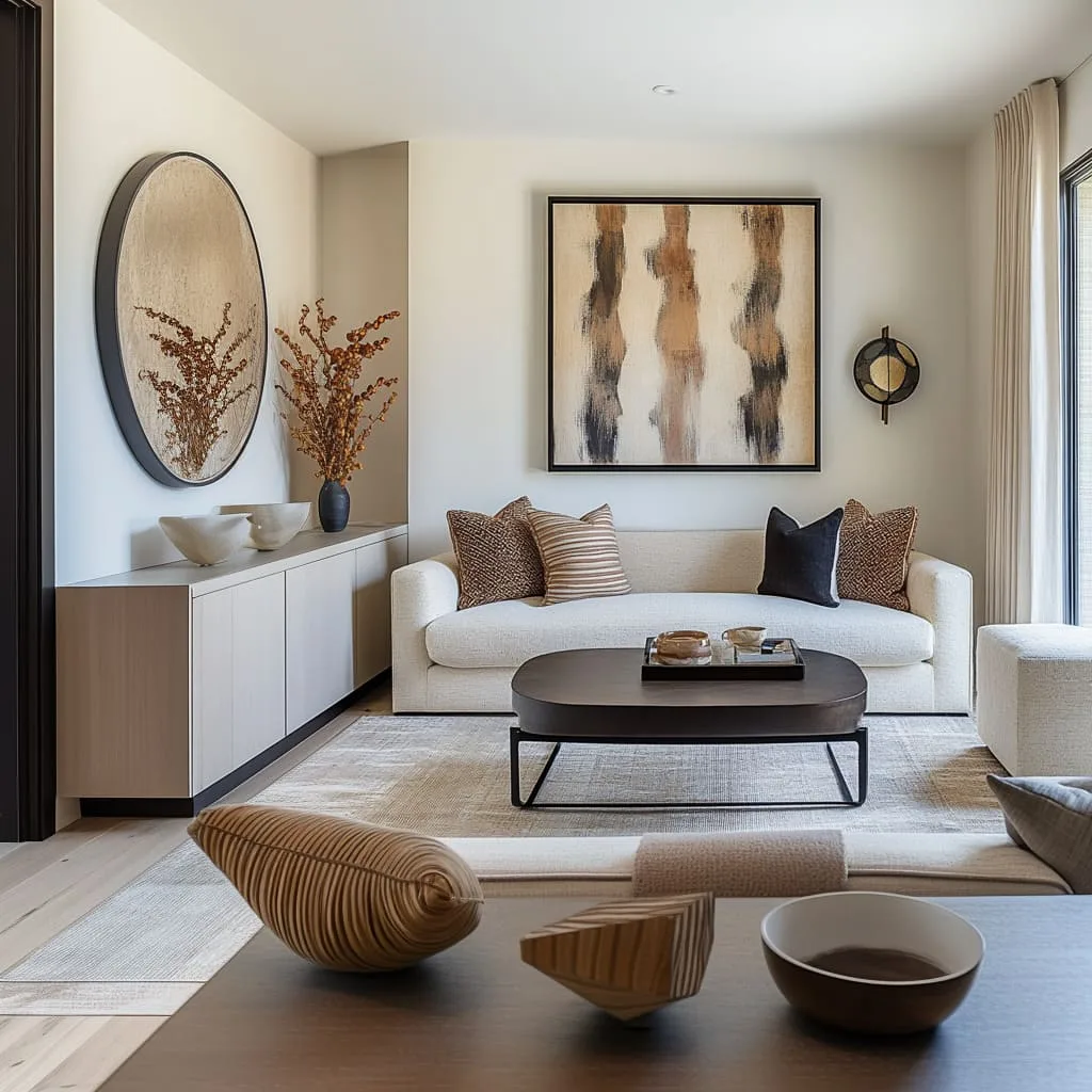 Top Candle Choices for Interior Designers Building Quiet Luxury Interiors 2 A quiet luxury living room with soft neutral tones, sculptural furniture, natural textures, and balanced proportions creating a calm and refined interior atmosphere.