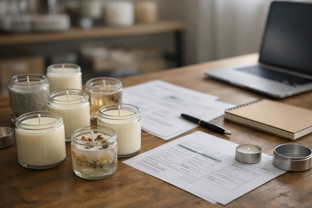 Which Candle Supplier Is Reliable? 9 Things Wholesale Buyers Must Check Before Choosing 1 A professional workspace scene showing candle samples, documents, and quality checks, representing how wholesale buyers evaluate reliable candle suppliers.