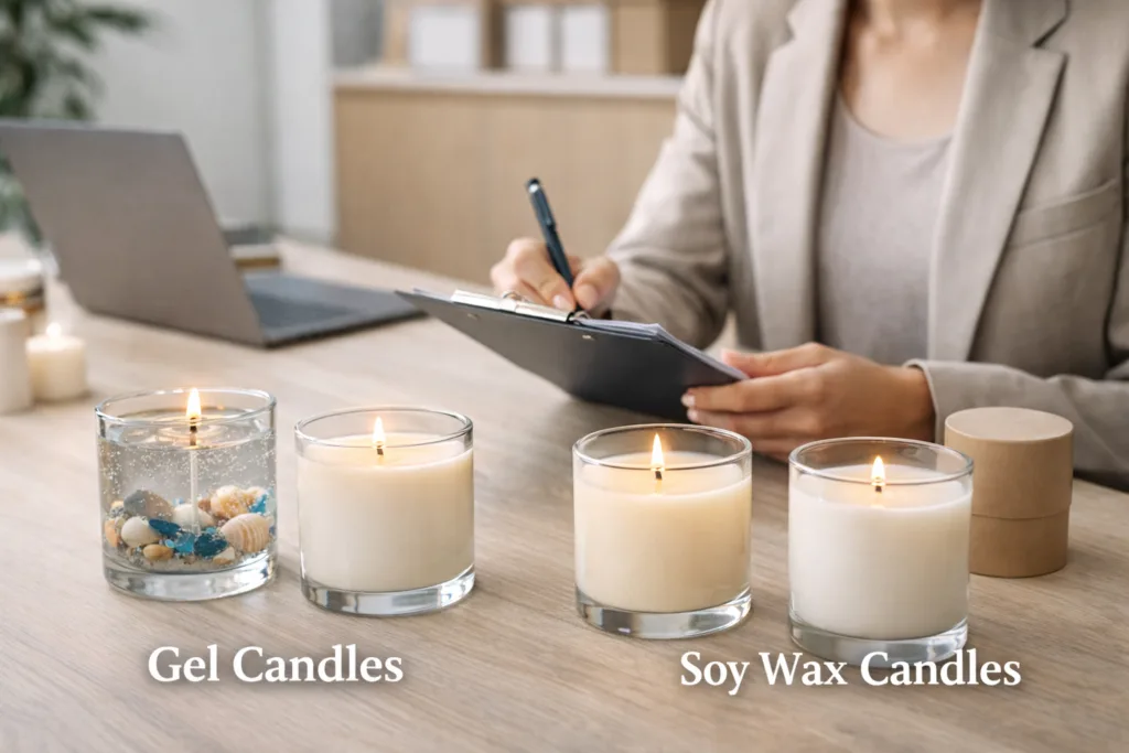 Are Gel Candles Eco-Friendly? The Truth Retail Buyers Must Know (2026 Guide) 4 Retail buyer comparing gel candles and eco-friendly soy wax candles for product selection