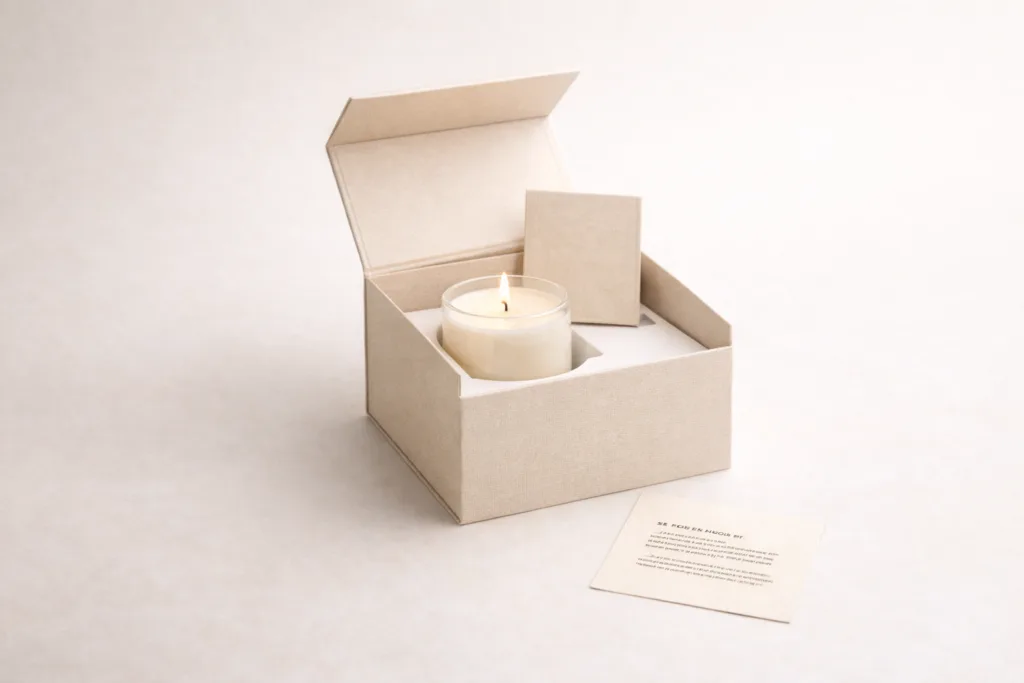 Semi-Custom Candle Production: The Smart Middle Ground for Growing Brands 5 Semi-custom candle packaging with premium unboxing experience