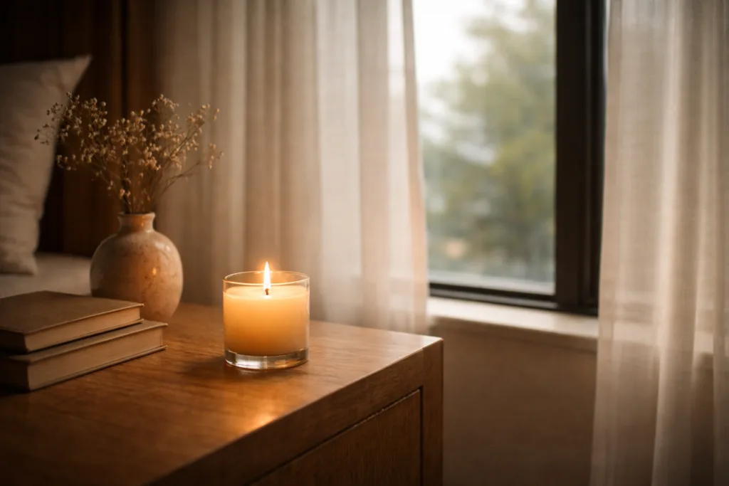 Top Candle Scents for Boutique Hotels: How Scent Creates Memory, Mood, and Meaning 4 Minimal candle by a hotel window symbolizing memory and signature scent in boutique hospitality