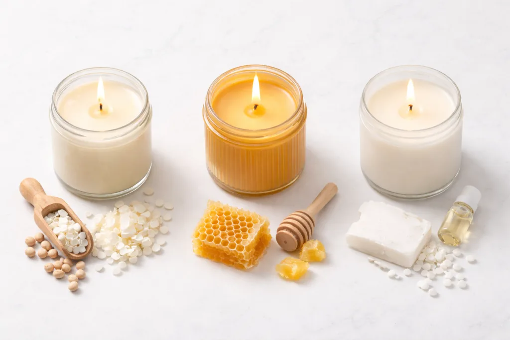 Aromatherapy Candles and Sleep: What Science Actually Says (Not the Marketing) 3 Flat lay comparison of soy wax candle, beeswax candle, and paraffin candle, labeled style without text, clean white background, natural lighting, eco-friendly aesthetic, realistic photography, minimal composition