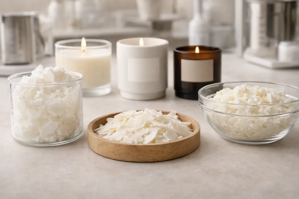 soy wax flakes and coconut wax materials used for natural candle manufacturing displayed in professional workspace