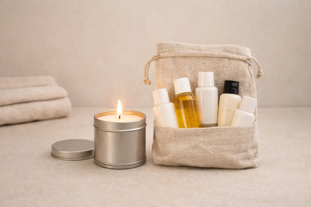Best-Selling Candle Gift Sets for Retailers: Private Label & Custom Options 5 Tin candle gift set with travel-size toiletries for private label retail and e-commerce