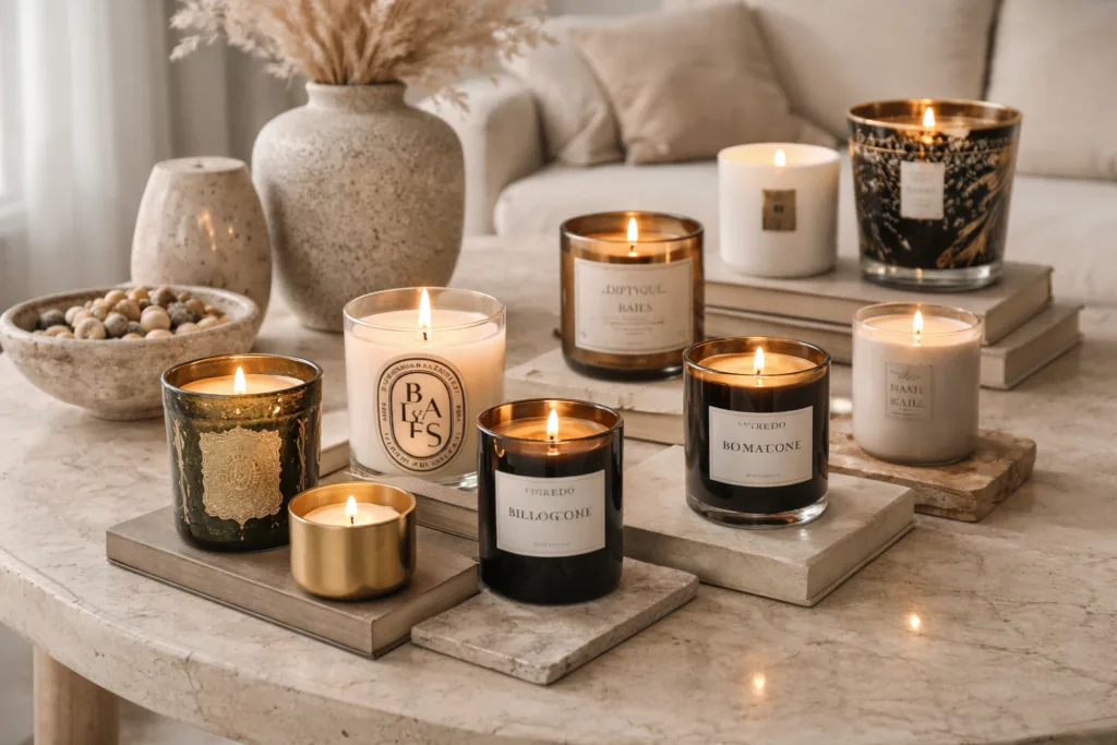 A curated collection of luxury candle brands commonly used by interior designers