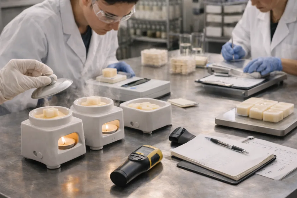 Custom Wax Melt Manufacturing Process (From Mold to Packaging): A Complete Step-by-Step Guide for Premium Scented Products 4 Quality control testing process for custom wax melts including scent throw and melting performance
