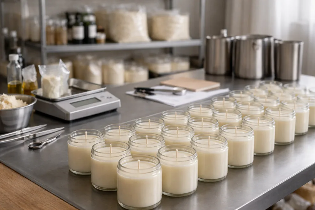 Which Candle Supplier Is Reliable? 9 Things Wholesale Buyers Must Check Before Choosing 2 An organized candle manufacturing environment showing standardized jars, tools, and materials, illustrating consistency and reliability in candle production.