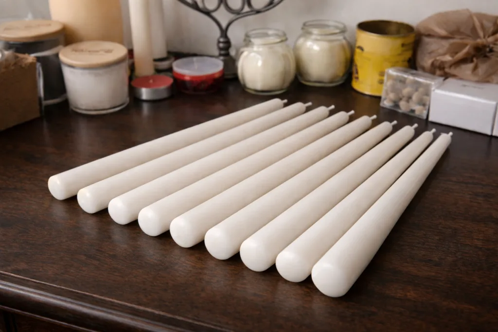 7 Reasons Churches Choose Beeswax Pillar Candles for Ceremonies 3 White beeswax taper candles laid flat on a wooden table, showing clean finish and uniform shape