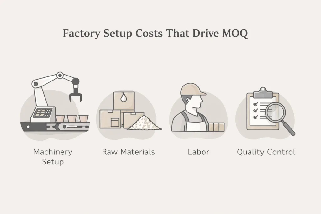 The Best MOQ Strategy for Personal Brands: Balancing Customization and Manufacturing Reality 2 Infographic explaining factory setup costs and production factors behind MOQ requirements