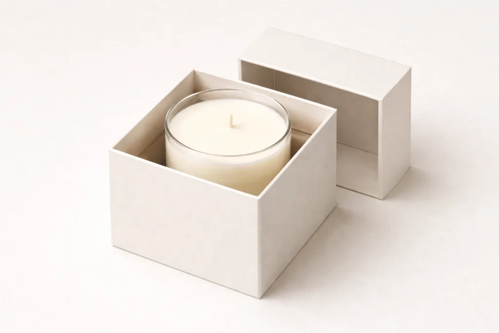 Top 10 Luxury Candle Brands: 7 Proven Jar Size Standards Used by the Best (2026 Industry Breakdown) 5 Luxury 8cm diameter candle jar placed inside square rigid gift box showing precise fit