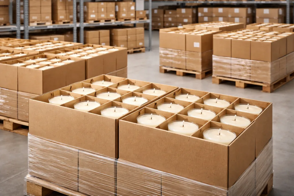 Top 7 Best Non Toxic & Eco-Friendly Candles for Retail Buyers 6 Rows of identical unbranded soy candles packed into brown master cartons and stacked on pallets inside clean warehouse