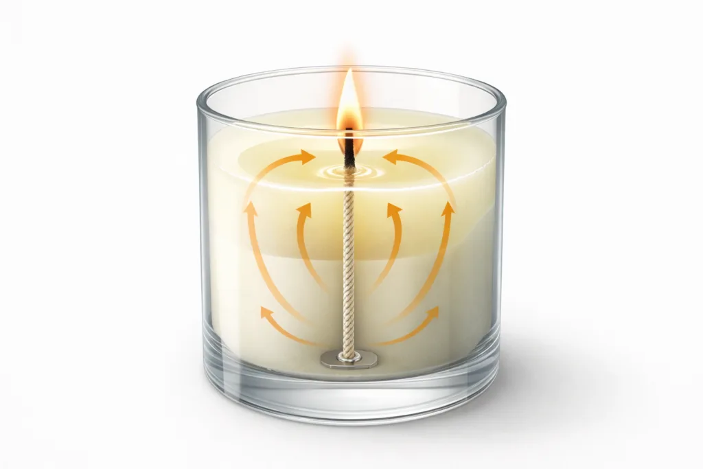 Top 7 Best Non Toxic & Eco-Friendly Candles for Retail Buyers 3 Educational cross section diagram of a container candle showing melt pool formation, wick structure, and heat distribution inside a glass vessel