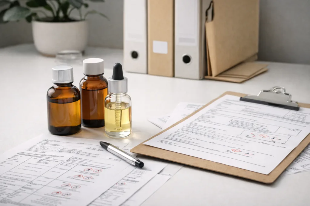 Top 7 Best Non Toxic & Eco-Friendly Candles for Retail Buyers 4 Close-up professional laboratory setting with safety data sheets, fragrance oil bottles, and compliance documentation arranged on desk