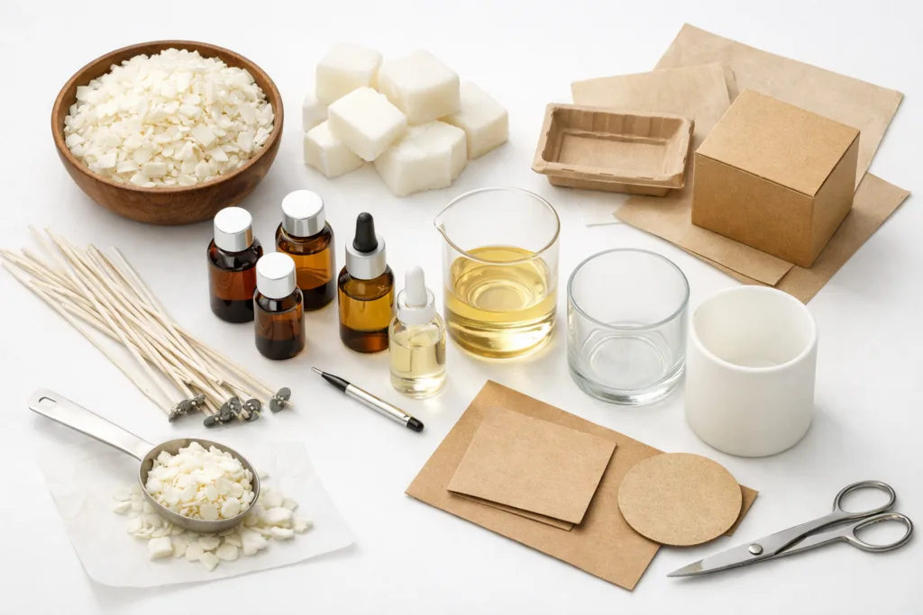 Top 7 Best Non Toxic & Eco-Friendly Candles for Retail Buyers 2 Clean studio scene showing soy wax, cotton wicks, fragrance oils, and recyclable packaging materials arranged for professional candle manufacturing