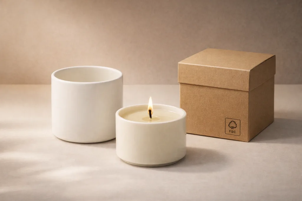 Top 7 Best Non Toxic & Eco-Friendly Candles for Retail Buyers 5 Minimalist ceramic candle vessel with removable refill insert placed next to FSC rigid gift box on neutral background
