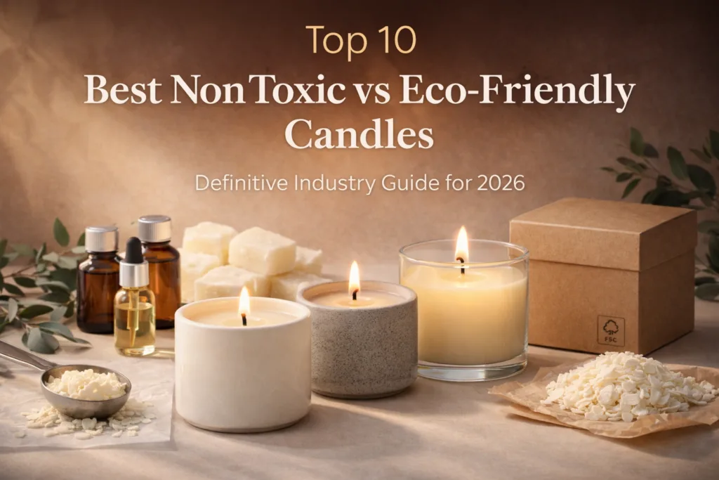 Best non toxic and eco-friendly candles made with soy wax, sustainable packaging, and clean fragrance oils displayed in professional manufacturing presentation