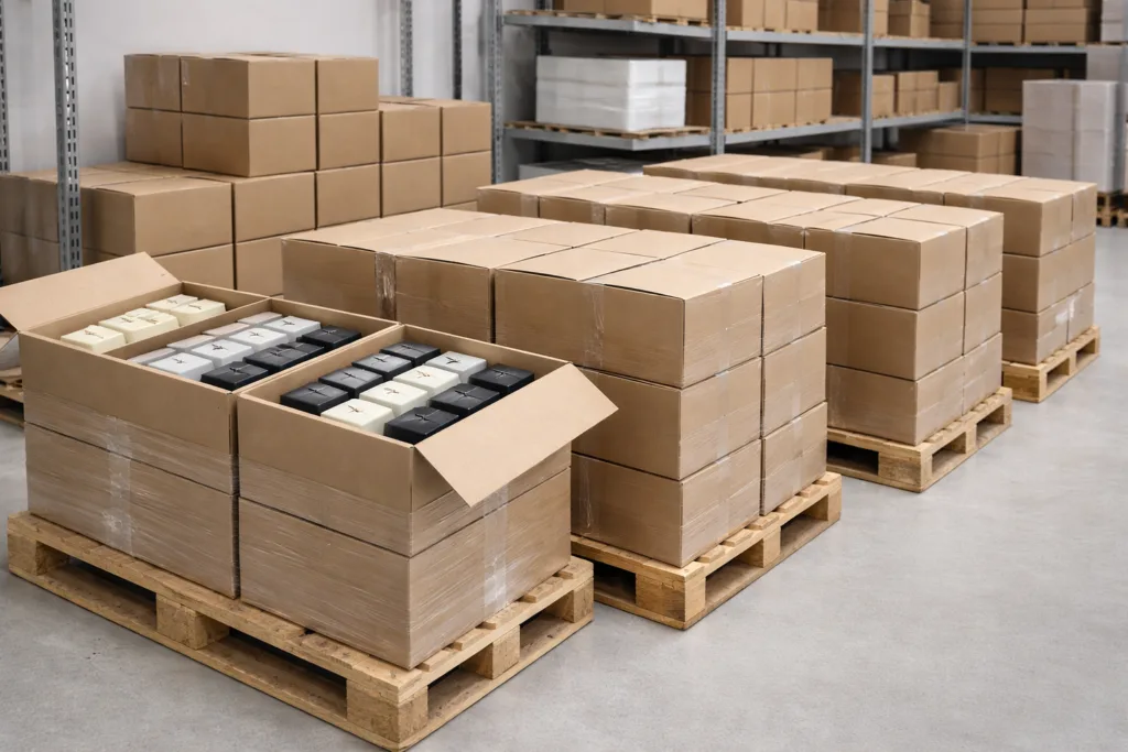 Top 12 Best Luxury Seasonal Candle Gift Sets for Retail in 2026 4 Large quantities of identical candle gift sets packed into master cartons inside a clean warehouse, organized pallets ready for export, wholesale scale production