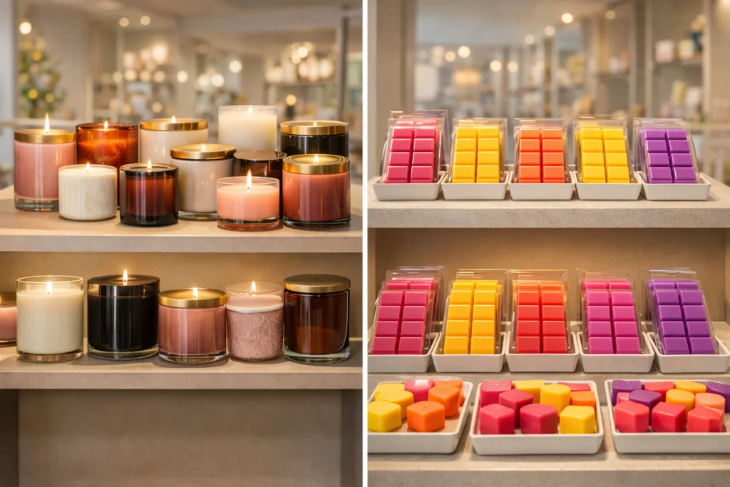 Why Retailers Sell Candles and Wax Melts Together: A Complete Retail Strategy Guide for Professional Buyers 2 retail shelf showing candles as anchor product and wax melts as volume product in fragrance retail strategy