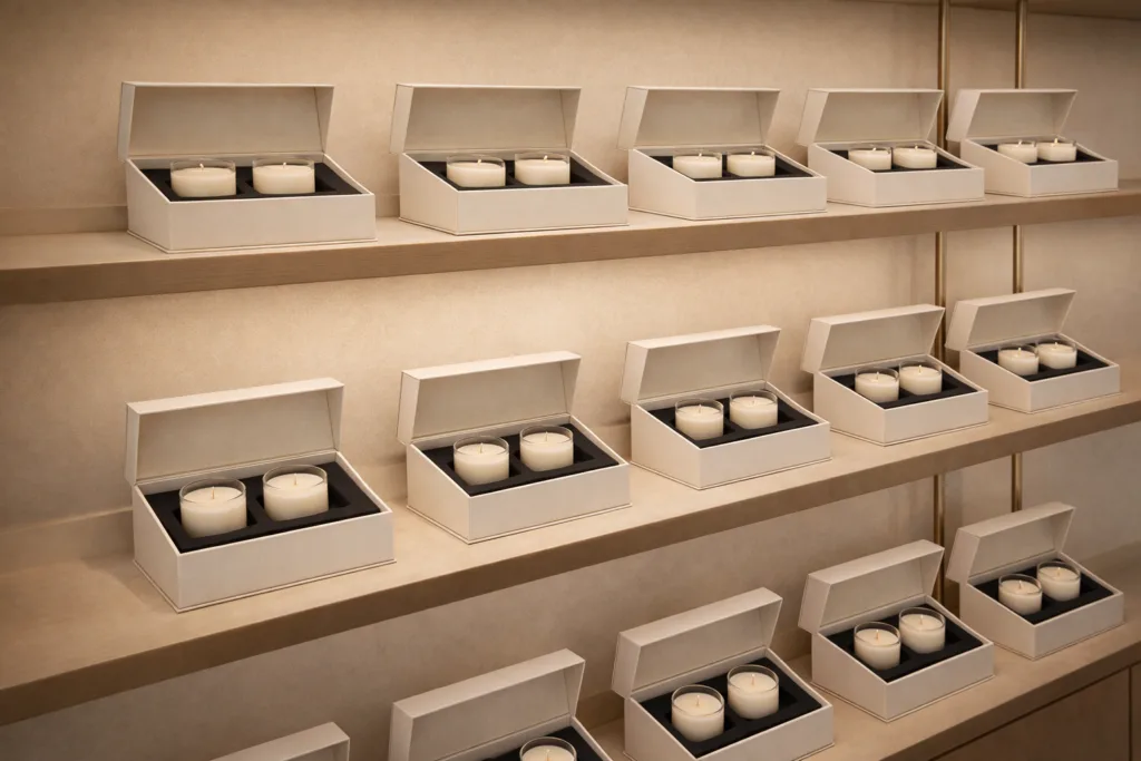 How Gift Sets Increase Average Order Value: A Strategic Guide for Professional Buyers 3 private label candle gift sets displayed on retail shelf in premium boutique environment