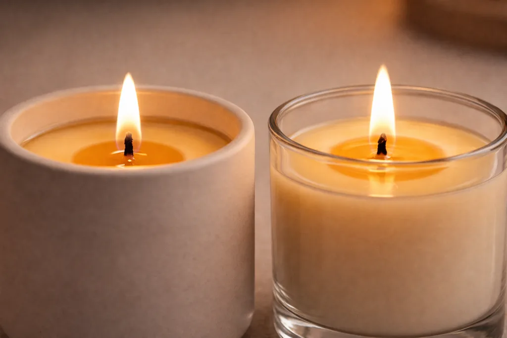 Ceramic Jar Candle vs Glass Candle: Which Performs Better in Heat Retention? A Scientific & Practical Guide 3 Close-up view of wax melt pool formation in ceramic jar candle compared to glass candle during burning