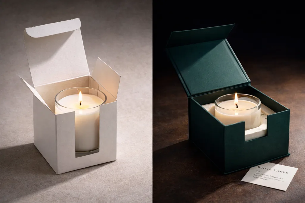 Ritual Candle vs Aromatherapy Candle: Product Positioning Differences 3 Comparison between lightweight candle folding carton and premium rigid magnetic gift box packaging