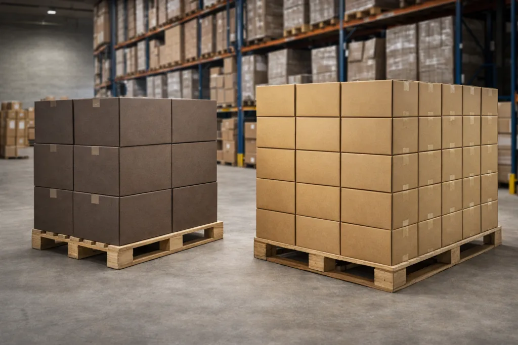 How Lightweight Packaging Reduces Shipping Cost and Increases Margin 2 Warehouse pallets showing difference between heavy candle packaging and lightweight packaging affecting shipping weight and freight efficiency for large-scale imports