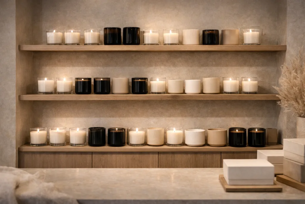 How Retailers Increase Profit Margin with Private Label Candles 4 Premium retail shelf display showing organized rows of luxury candles in glass and ceramic vessels, minimalist boutique store interior, elegant merchandising, neutral tones, strong visual merchandising structure, professional retail photography, soft lighting, no logos, 16:9 aspect ratio