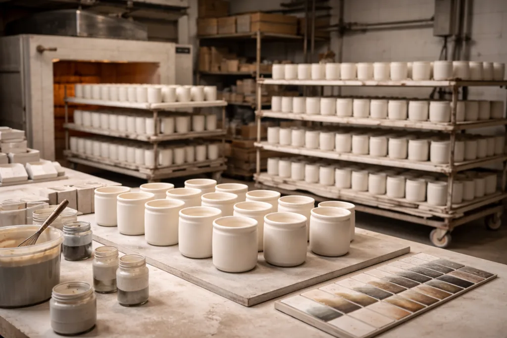 Standard Candle Jars: How to Create Fully Custom Private Label Collections (Luxury Candle Brand Playbook) 4 ceramic candle jars in kiln production process showing glaze preparation and batch firing explaining higher minimum order quantity requirements