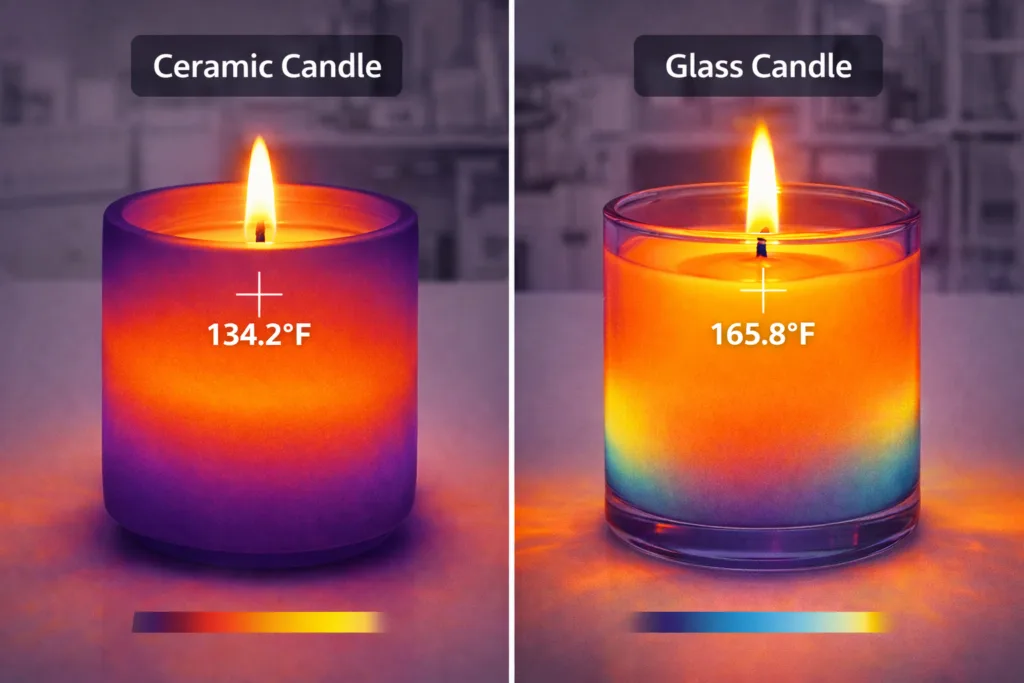 Ceramic Jar Candle vs Glass Candle: Which Performs Better in Heat Retention? A Scientific & Practical Guide 4 Thermal camera view showing surface temperature difference between ceramic and glass candle containers during burning