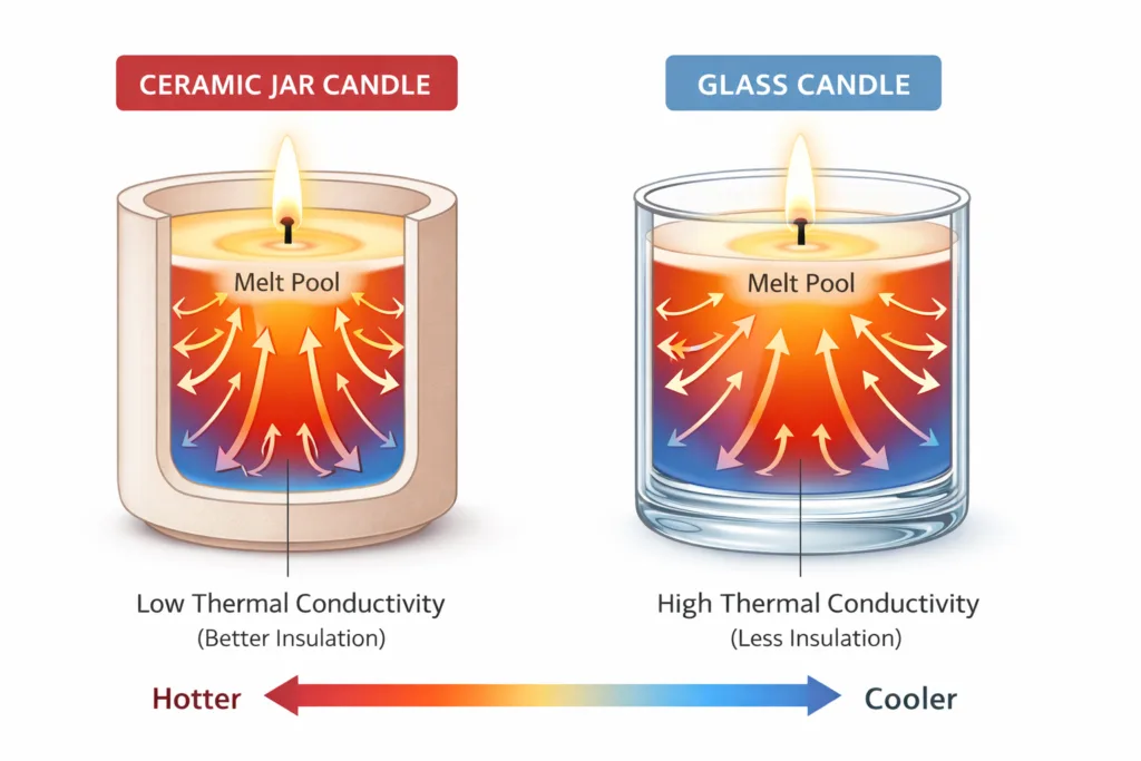 Ceramic Jar Candle vs Glass Candle: Which Performs Better in Heat Retention? A Scientific & Practical Guide 2 Thermal conductivity comparison diagram showing heat flow and insulation differences between ceramic and glass candle containers