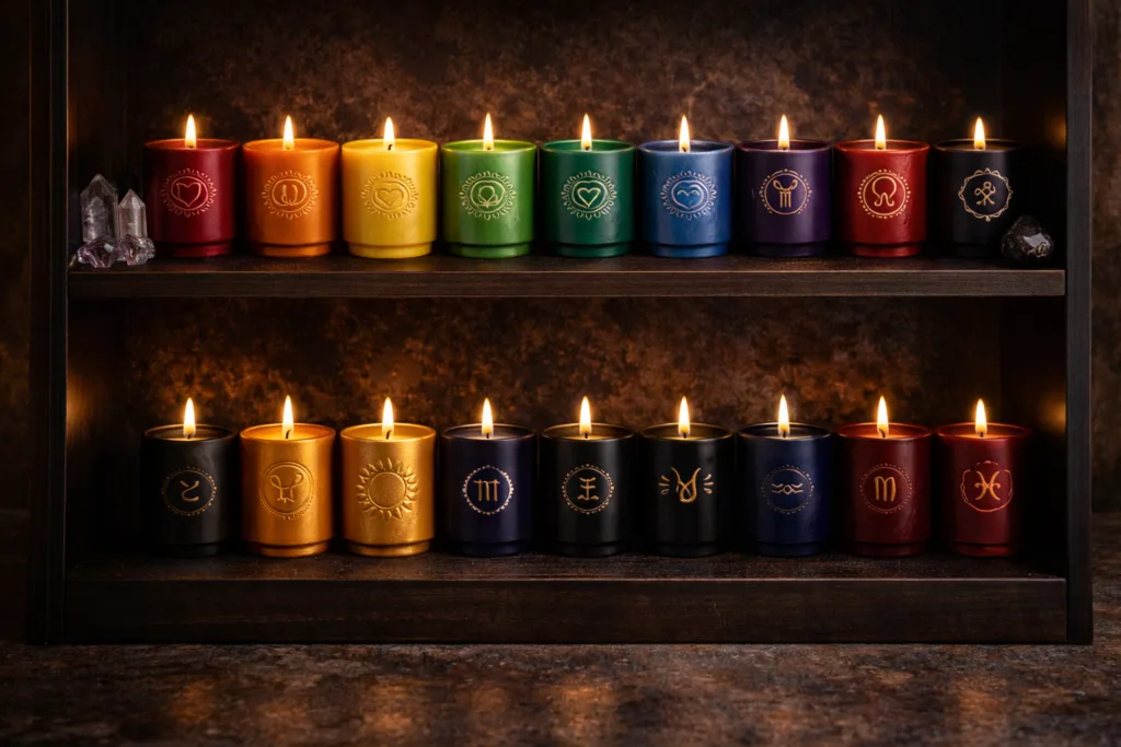 Top 10 Ritual Candle Manufacturing Secrets for Private Label 5 Color coded chakra and zodiac ritual candle collection for private label brands