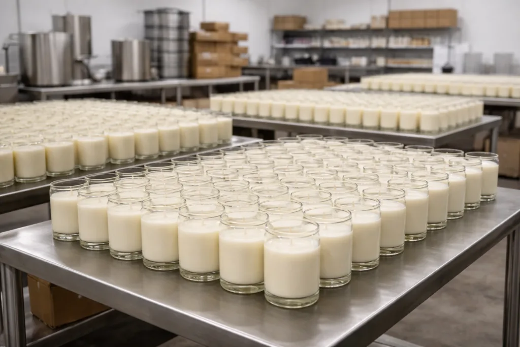 Limited Edition vs Core Lines: A Practical Seasonal Candle Collection Strategy for Brands Scaling Wholesale 2 Uniform glass jar candles produced in large batches for scalable wholesale candle manufacturing