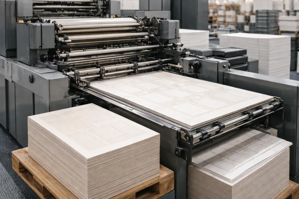 Where the Real Cost of Scented Candle Gift Sets Comes From (It’s Not the Candle) 3 Printing setup for custom candle gift boxes showing machines and paper sheets