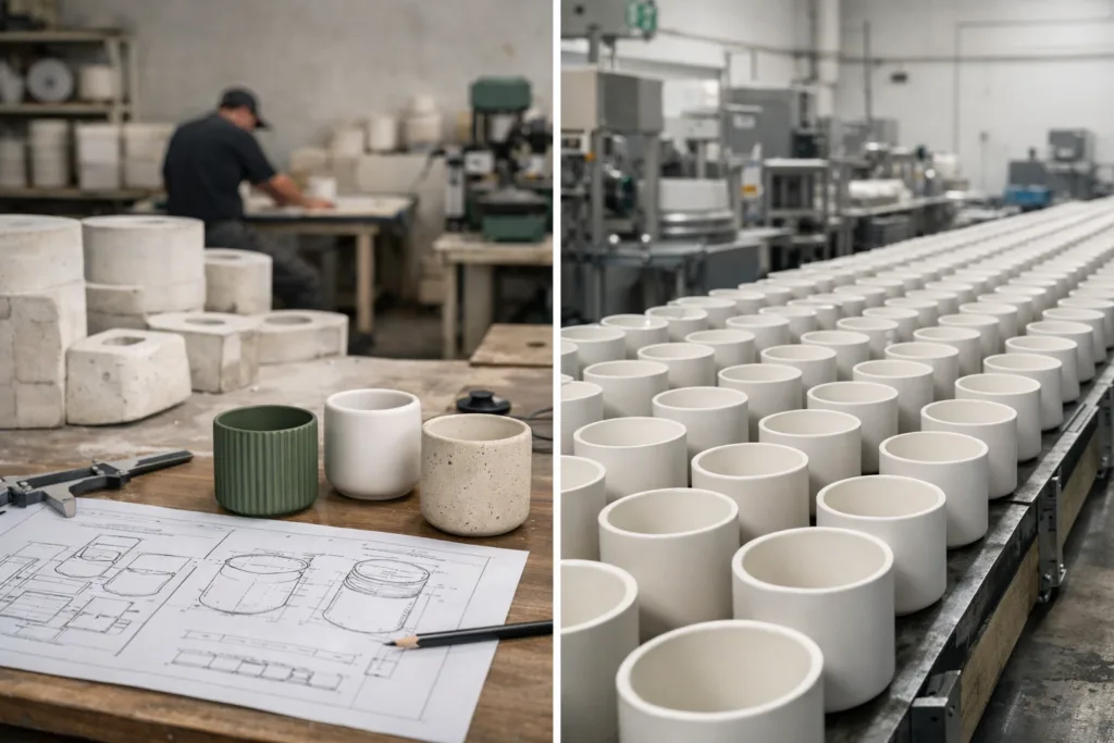 Comparison between custom candle jar mold development process and standardized candle jar mass production in factory setting