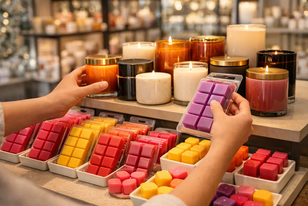 Why Retailers Sell Candles and Wax Melts Together: A Complete Retail Strategy Guide for Professional Buyers 3 customer selecting candle and wax melts together in retail store increasing average order value