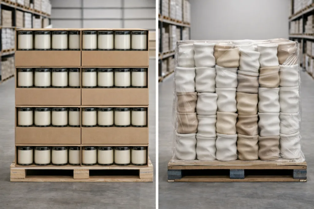 How to Choose Profitable Jar Candles and Wax Melts (And Avoid Inventory Traps) 3 Comparison between stackable standard glass jar candles and inefficient sculptural ceramic candle vessels in warehouse storage, demonstrating impact on inventory efficiency