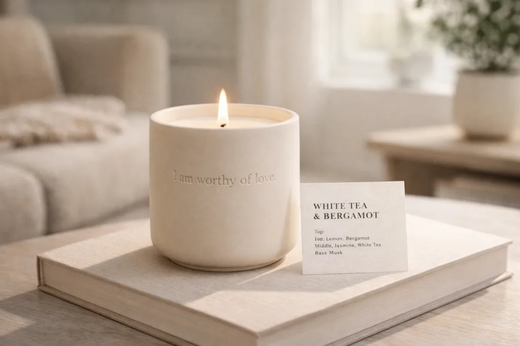 Ritual Candle vs Aromatherapy Candle: Product Positioning Differences 5 Luxury ceramic candle combining affirmation concept with premium aromatherapy scent positioning