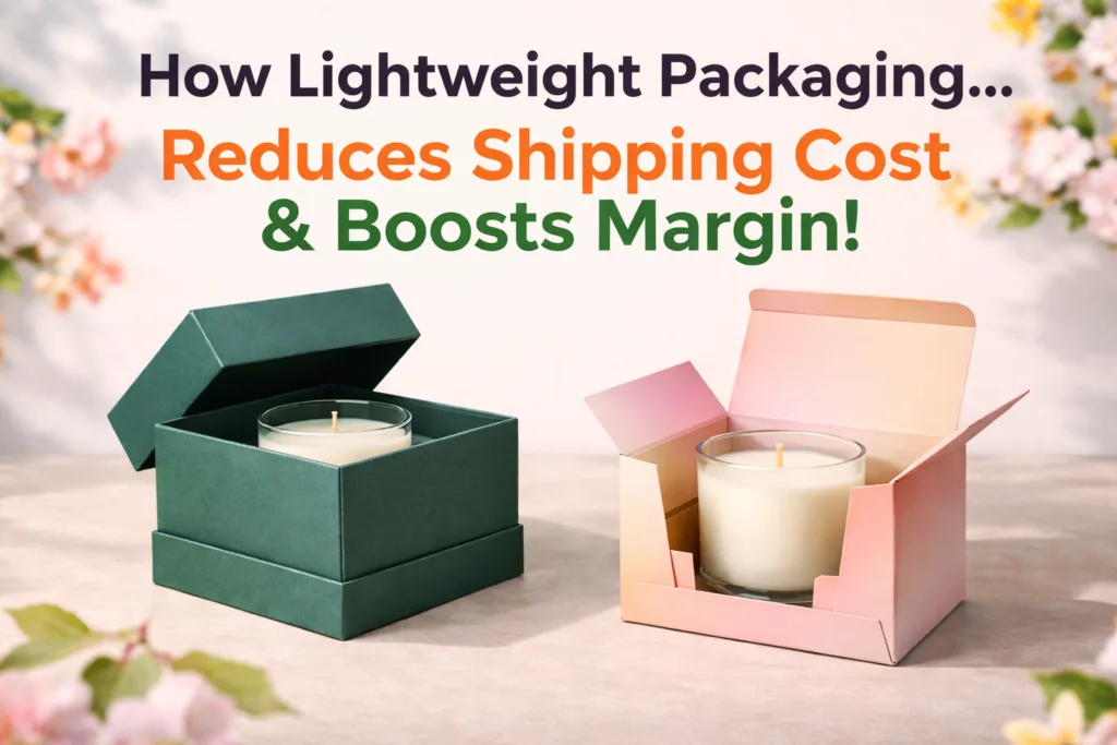 How Lightweight Packaging Reduces Shipping Cost and Increases Margin 1 Colorful candle packaging comparison showing rigid box versus lightweight folding carton packaging, illustrating how lightweight packaging reduces shipping cost and increases profit margin for private label candle brands