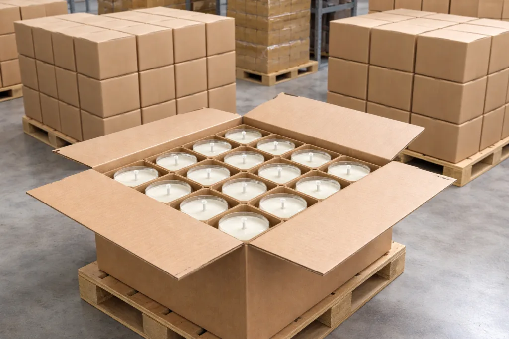Top 10 Luxury Candle Brands: 7 Proven Jar Size Standards Used by the Best (2026 Industry Breakdown) 4 Large batches of identical luxury candle jars packed in master cartons inside clean warehouse