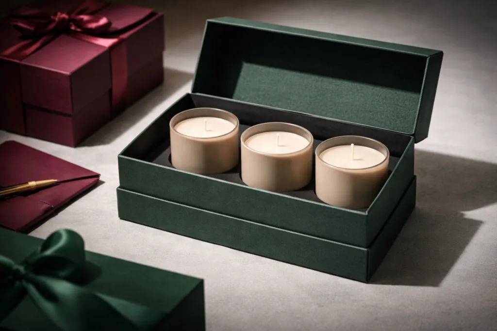 Building a Scalable Luxury Candle Program 4 Premium luxury candle gift set including three matching candle jars arranged in structured rigid box packaging with elegant insert, corporate gifting and seasonal retail concept