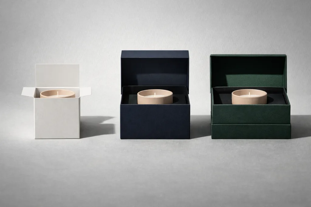 Building a Scalable Luxury Candle Program 3 Three-tier luxury candle packaging comparison showing standard folding carton, printed retail box and rigid magnetic gift box with candle inside, premium packaging structure comparison