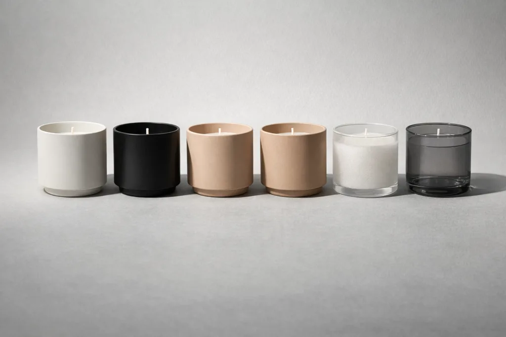 Building a Scalable Luxury Candle Program 2 Luxury candle vessel platform system showing identical jar silhouette in different colors and surface finishes arranged in organized retail display, scalable product architecture concept