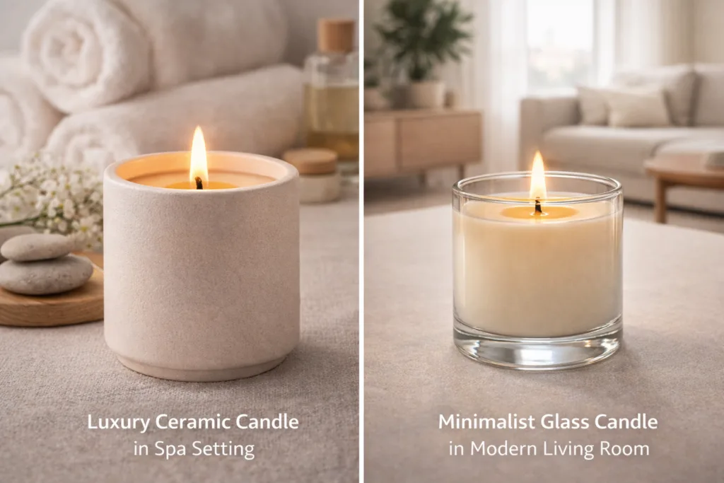 Ceramic Jar Candle vs Glass Candle: Which Performs Better in Heat Retention? A Scientific & Practical Guide 5 Luxury ceramic candle jar in spa setting compared to minimalist glass candle in modern home interior