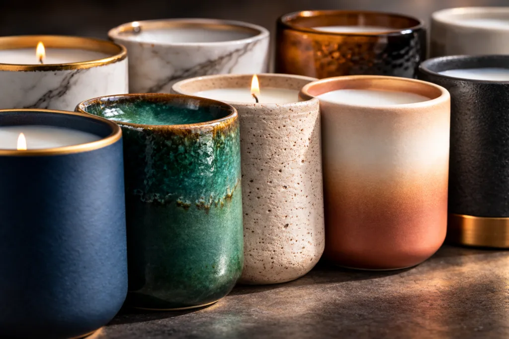Top 9 Best Buyer Strategies: Customize Standard Candle Jars (Not Molds) 3 Macro close-up of premium ceramic candle jar finishes including matte, speckled and gradient textures